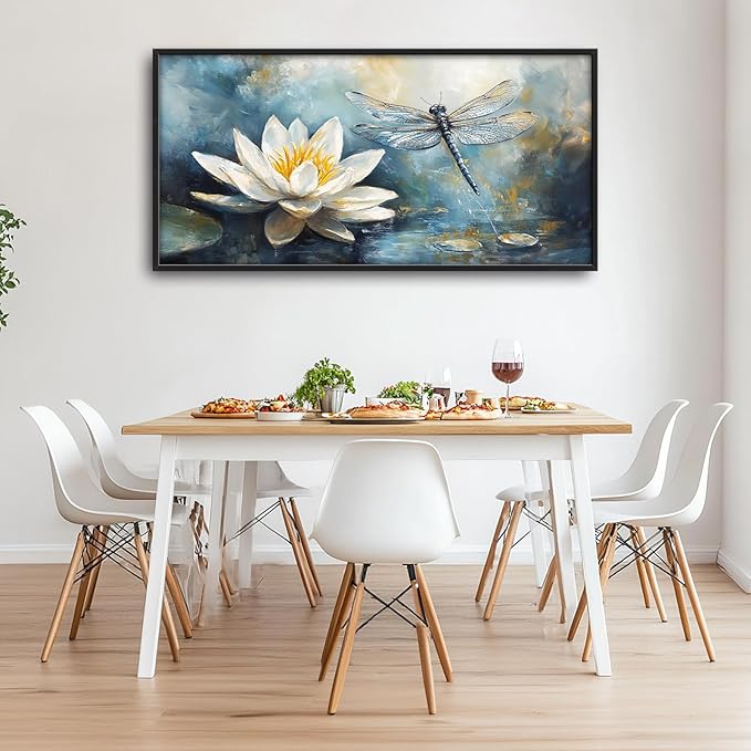 Extra Large Lotus Dragonfly Framed Wall Art for Living Room,Abstract Blue Lotus Flower Lake Pictures Wall Decor,Nature Canvas Print Painting Modern Artwork Bedroom Office Bathroom 60L" x 30W"-PurrikoPets