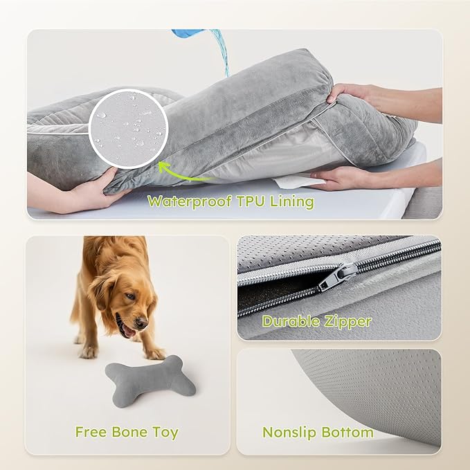 Extra Large Dog Bed, Orthopedic Dog Bed with Cooling Gel Memory Foam, Waterproof XL Pet Bed with Removable Washable Cover, 42" Pet Sofa Couch Dutch Velvet with Bone Toy, Light Gray-PurrikoPets