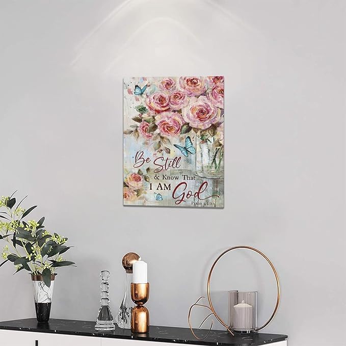 Farmhouse Rose Wall Art Christian Scripture Pictures Pink Rose Wall Decor Rustic Floral Butterfly Canvas Print Painting Artwork for Bathroom Living Room Bedroom 12"x16"-PurrikoPets