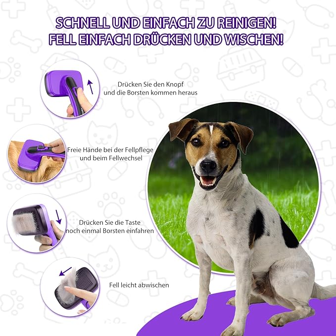Dogs Cats Self Cleaning Slicker Brush for Shedding & Grooming Any Breed of Pets, Removes Loose, Undercoat, Mats, Tangled Hair for Small Medium Large Animal With Long Short Fur Length, Purple-PurrikoPets