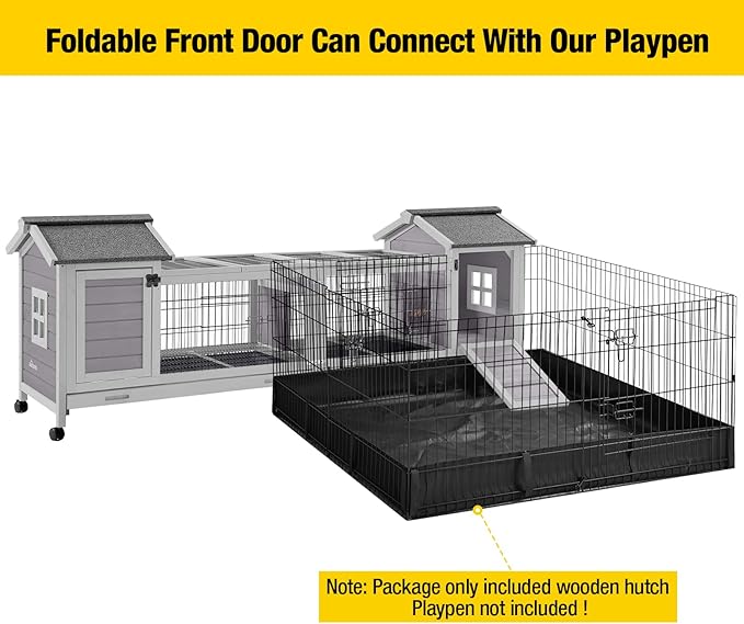 Aivituvin Rabbit Hutch Bunny Cage with Double House and Run Indoor Outdoor Guinea Pig House with Deeper No Leak Trays and Wheels-PurrikoPets