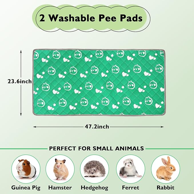 2 Pack Guinea Pig Bedding - Washable Guinea Pig Liner for Midwest Cage, Waterproof Reusable & Anti Slip Pee Pads Super Absorbent Mats for Small Animals Rabbit Hamster Rat (Green, 48 x 24 Inch)-PurrikoPets