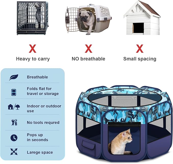 Dog Playpen, Pet Playpen, Portable Cat Playpen, Pop Up Foldable Puppy Playpen Exercise Kennel Tent with Carry Case Collapsible Bowl,Water-Resistant Shade Cover for Outdoor Indoor Travel (Large)-PurrikoPets