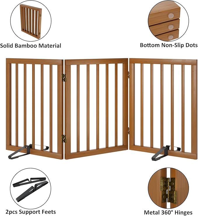 Freestanding Pet Gate Foldable Dog Gate (55 inches Wide) Walnut Bamboo Dog Gates for Stairs Doorways House (2 Support Feet Included)-PurrikoPets