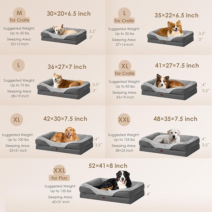 EHEYCIGA Memory Foam XL Dog Bed for XLarge Sized, Extra Large Orthopedic Dog Sofa with Sides and Waterproof Liner, Washable Bolster Pet Bed Couch with Removable Cover, 42x30x7.5 Inch, Grey-PurrikoPets