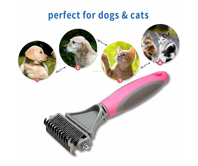 3-in 1 Dog & Cat Grooming Supplies- Self-cleaning Slicker Brush, Deshedding Rake Comb, And Finger Toothbrush For Dogs & Cats | Perfect For Pet Grooming Kit, Dematting And Dental Tool (pink)-PurrikoPets