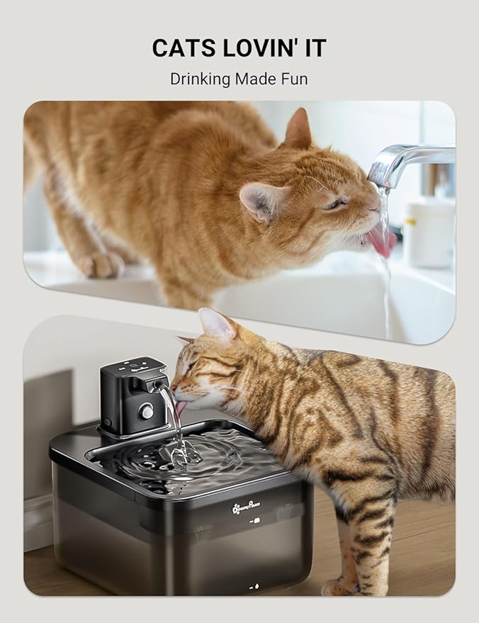 DownyPaws Battery Operated Cat Water Fountain, 84oz/2.5L Fursink Wireless Cat Waterer Fountain with Motion Sensor, BPA-Free, Black with 6 Filters-PurrikoPets