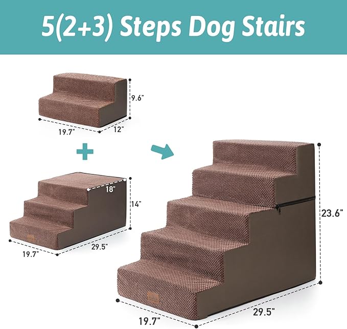 Dog Stairs for Small Dogs, 5 Tier Removable Wider Pet Stairs for Couch and Bed, 23.6" H Non-Slip Dog Steps for Puppies and Old Cats with Support Board, 29.5x19.7x23.6 inch, Brown-PurrikoPets