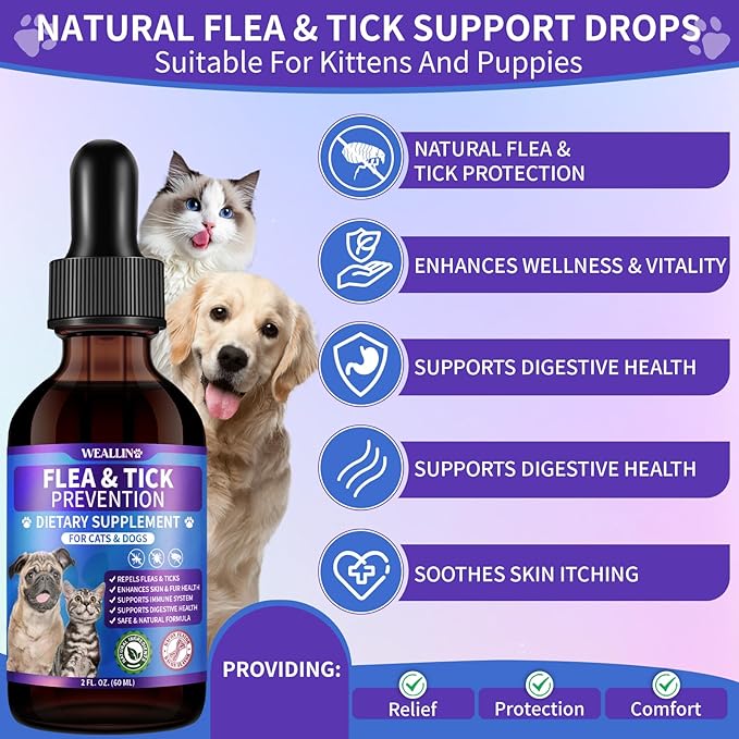 Flea and Tick Prevention Support for Cats and Dogs Natural Flea Treatment Drops with Multivitamin for Pets Oral Natural Supplement Flea and Tick Treatment Drops for All Breeds and Ages-PurrikoPets