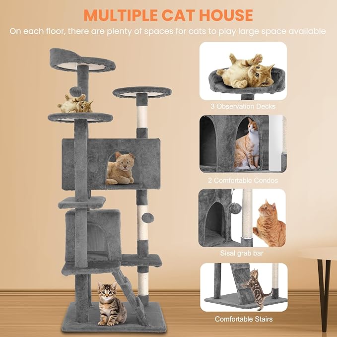 54.7 Inches Cat Tower for Indoor Cats, Multi-Level Cat Condos with Scratching Posts, Hanging Toys, Light Gray-PurrikoPets