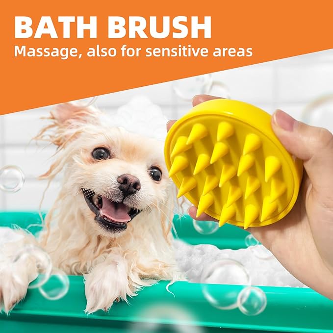 Dog Grooming Brush Set, 7 PCS Self-Cleaning Deshedding Hair Brushes for Short Long Haired Dogs Cats, Includes Scrubber Shower Wash Brush, Dematting Comb, Scissor - Yellow-PurrikoPets