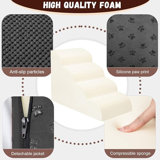 Dog Stairs for Small Dogs - High Density Foam Pet Steps, Extra Wide Dog Ramp with Non-Slip Bottom for High Beds, Couch and Sofa, Best for Dogs Injured, Older Doggy Cats, 4 Steps, Black-PurrikoPets