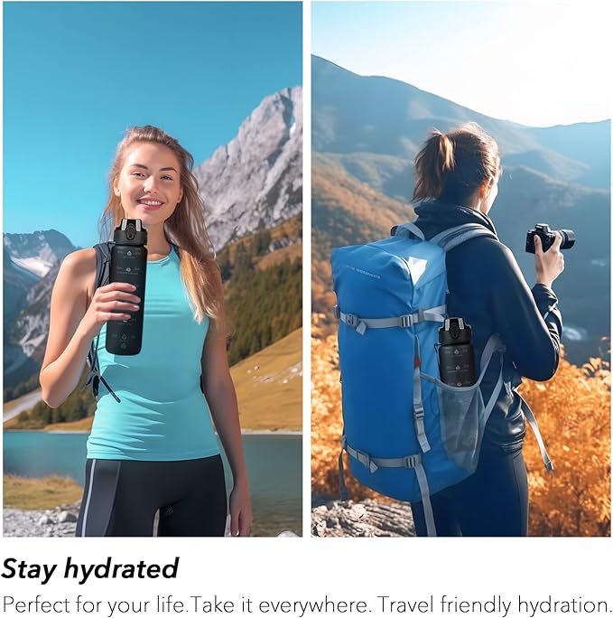 32oz Motivational Water Bottles with Time Marker & Fruit Strainer, Transparent Gradient Color Water Bottle with Times to Drink, Leakproof & BPA Free, Reusable Bottle with Strap (No Straw)-PurrikoPets