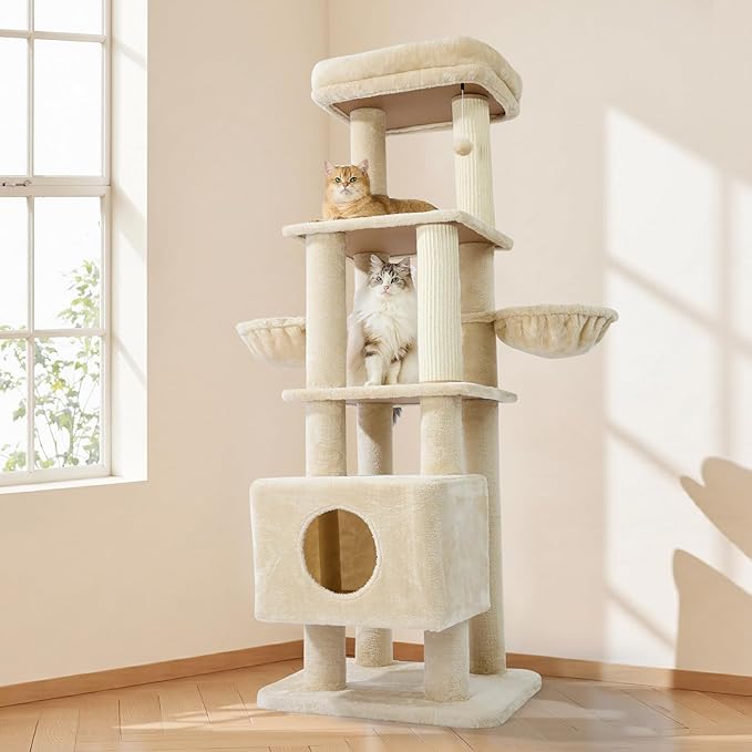 Gardner Pet 65in Heavy Duty Cat Tree Tower for Large Cats, Multi-Level Cat Furniture with Replaceable Sisal Scratching Post, Hammock | Extra-Large Platform & Condo (Upgraded Beige)-PurrikoPets