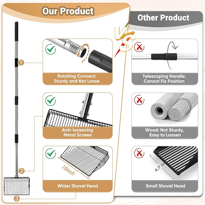 10inch Large Metal Chicken Poop Scooper, 24 to 68" Long Chicken Coop Litter Scoop with Stainless Steel Handle, 4 in 1 Multifunctional Heavy Duty Litter Sifting Shovel Chicken Coop Accessories-PurrikoPets