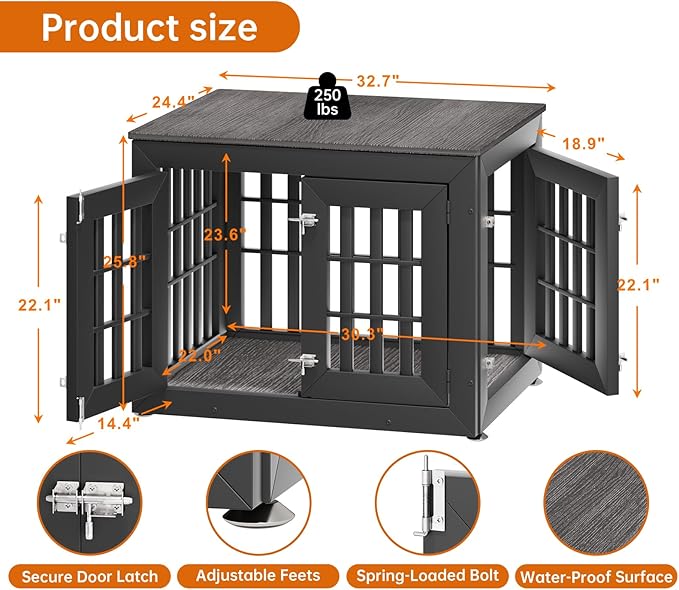 32" Heavy Duty Dog Crate Furniture for Small,Medium and Large Dogs,Rustic Wooden Dog Cage Kennel Indoor Furniture with Waterproof Top,Decorative Pet House Side End Table (Black & Grey)-PurrikoPets