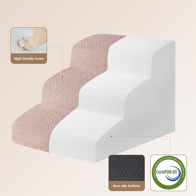 EHEYCIGA Curved Dog Stairs Ramp for Small Dogs 15.7" H, 3-Step Dog Steps for Couch Sofa and Chair, Pet Stairs for Cats, Non-Slip Balanced Pet Steps Indoor, Dusty Pink-PurrikoPets