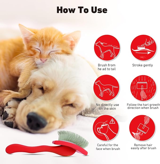 Dog Slicker Brush for Shedding and Grooming Medium or Long Haired Cats, Extra Long & Soft Pin Slicker Brush for Removes Loose Hair, Tangles, Knots, Undercoat, Free Pet Comb, Large Red-PurrikoPets