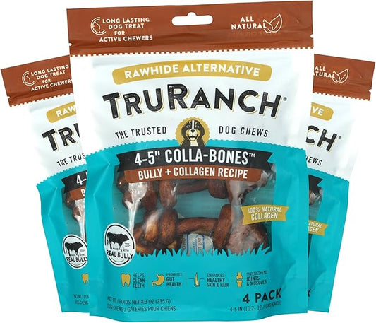 4-5" Collagen Bones, Bully - Collagen Dog Bones - Long Lasting Healthy Joint Support - Rawhide Alternative - Skin & Coat Health, Value Pack, 3 Bags, 12 Count-PurrikoPets