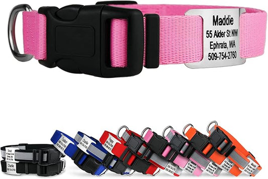 GoTags Personalized Dog Collar with Nameplate, Adjustable Dog Collar with Custom Engraved Slide On Pet ID Tag in Stainless Steel, Silent, No Noise Dog Tag for Large Medium and Small (Pink, X-Small)-PurrikoPets
