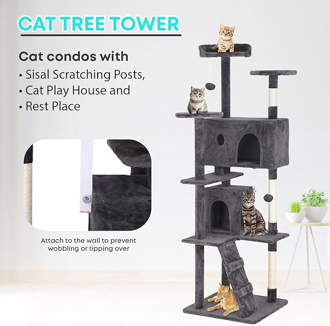 FDW Cat Tree 70in Cat Tower Multi-Level Durable Cat Scratching Post & Cozy Fun Cat Jumping Platform Space Saving Cat Condo Pet Play House for Indoor Cats,Light Gray-PurrikoPets
