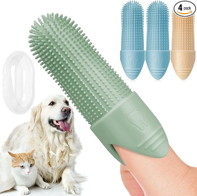 4 Pack Dog Toothbrush, 360° Cleaning Finger Brush for Dogs Teeth, Food Grade Silicone Pet Brush Fits Most Fingers, Puppy Toothbrush for Dogs & Cats Dental Care-PurrikoPets