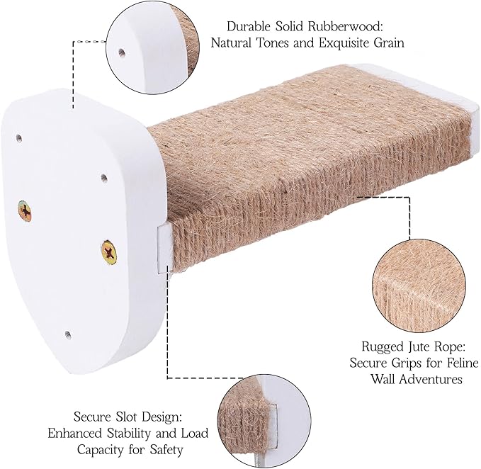 3-in-1 Cat Wall Steps with Hemp Rope, Solid Wood Cat Ladder for Climbing and Playing (Large-White)-PurrikoPets