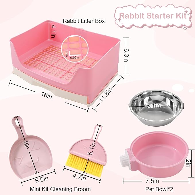 25 Pcs Large Rabbit Starter Kit, Bunny Litter Box with Drawer Animal Grooming Kit Stacking Cups Bowl Blankets Mat with Cleaning Set for Adult Guinea Pig, Ferret, Hamster, Bunnies Accessories (Pink)-PurrikoPets