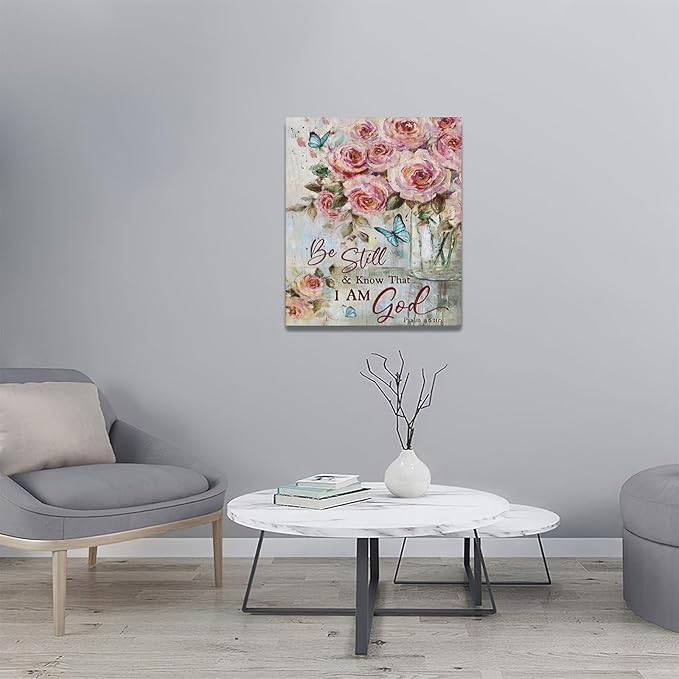 Farmhouse Rose Wall Art Christian Scripture Pictures Pink Rose Wall Decor Rustic Floral Butterfly Canvas Print Painting Artwork for Bathroom Living Room Bedroom 20"x24"-PurrikoPets