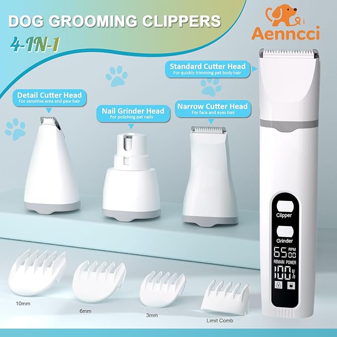 4 in 1 Dog Clippers Grooming Kit with LED Screen, Cordless Quiet Paw Trimmer & Nail Grinder, Rechargeable Waterproof Feet Ear Body Hair Shaver for Cats Dogs Pet Supplies-PurrikoPets
