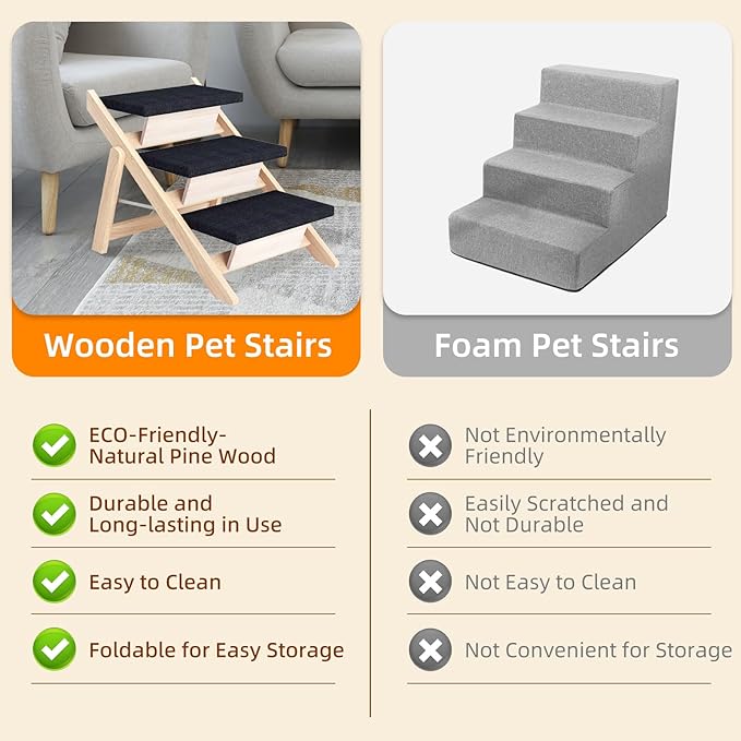 Dog Stairs/Ramp for Bed, Wooden Convertible Pet Steps, Portable Dog Ladder Up to 180 Pound for Elderly/Short-Legged Dogs, 3 Steps for Beds, Couch, Cars-PurrikoPets