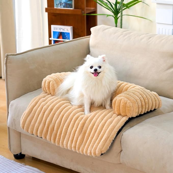FUNNY FUZZY Pet Couch Cover for Sofa, Calming Dog Bed for Couch, Fluffy Plush Cat Bed Mat for Furniture Protector for Small Dogs and Kitten, 27×24 in, Khaki-PurrikoPets