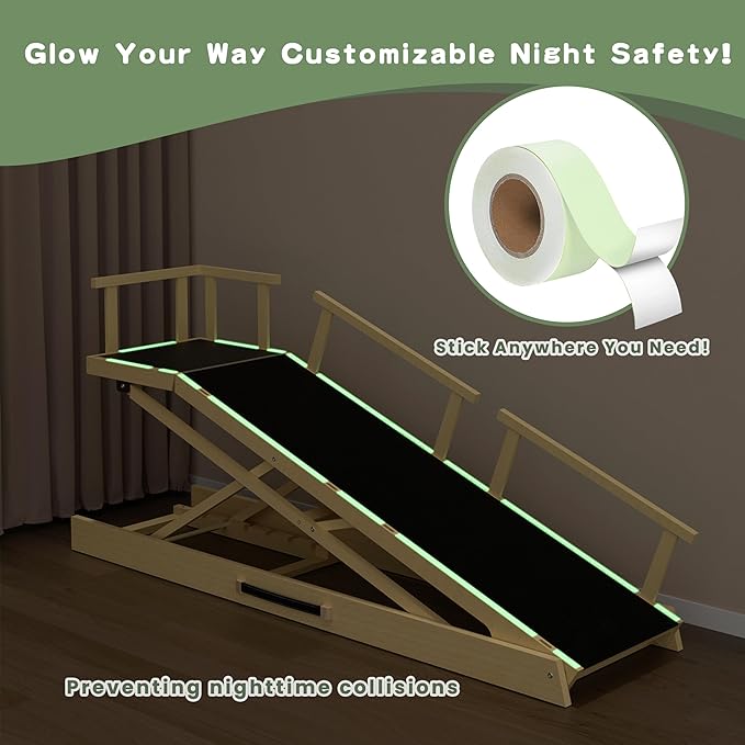 6 Level Height Adjustable Dog Ramp for Bed, Couch 65" Foldable Pet Ramp with Non-Slip Mat，DIY Glow Strips & Rest Platform Heavy Duty Dog Stairs for Large Dogs up to 200Lbs ，Wood Color-PurrikoPets