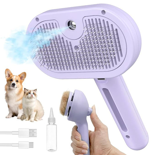 3 in 1 Steam Cat Brush for Shedding - Self-Cleaning Dog Grooming Tool for Long and Short Hair Pets - Removes Static, Flying Hair, and Loose Fur (Purple)-PurrikoPets