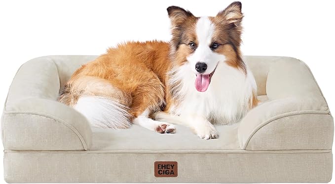EHEYCIGA Orthopedic Dog Beds for Large Dogs, Waterproof Memory Foam Large Dog Bed with Sides, Non-Slip Bottom and Egg-Crate Foam Pet Couch Bed with Washable Removable Cover, Beige-PurrikoPets