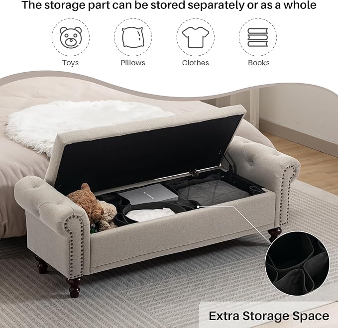 58.1'' Storage Bench Upholstered Linen End of Bedroom Bed Bench Ottoman with Tufted Cushioned Rolled Arm Large Storage Space for Reading Living Room Entryway, Light Brown-PurrikoPets