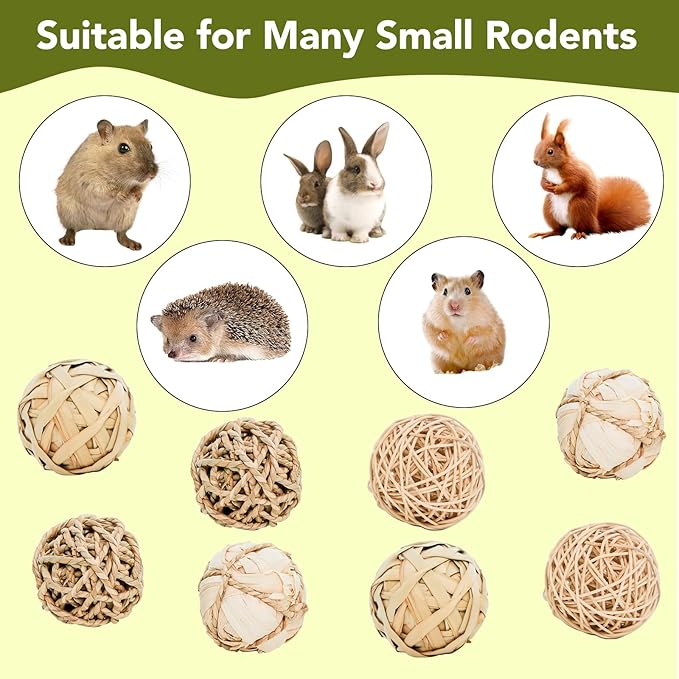 8 Pack Small Pet Chew Toys - 7cm Natural Woven Balls for Rabbits, Guinea Pigs, Hamsters (2 Seagrass, 2 Rattan, 2 Corn Husk, 2 Seaweed Rope) - Safe Dental Grinding Toys-PurrikoPets
