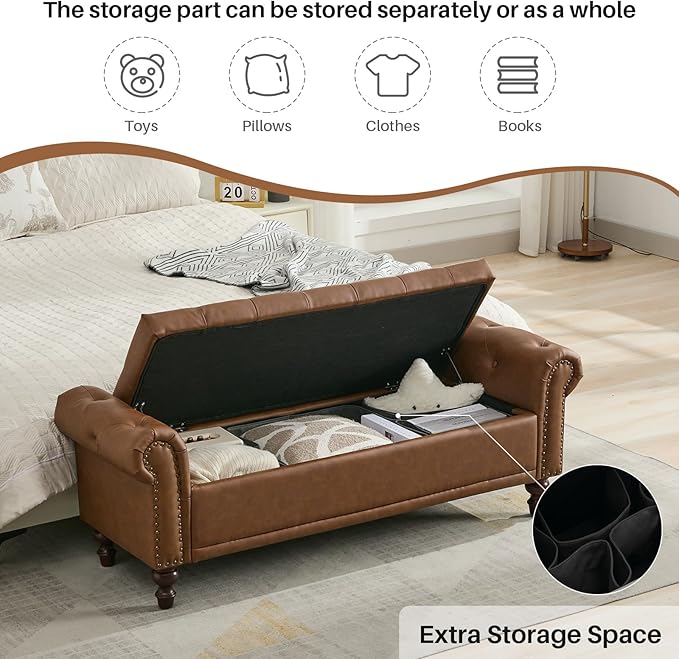 58.1'' Storage Bench Upholstered PU Leather End of Bedroom Bed Bench Ottoman with Tufted Cushioned Rolled Arm Large Storage Space for Reading Living Room Entryway, Brown-PurrikoPets