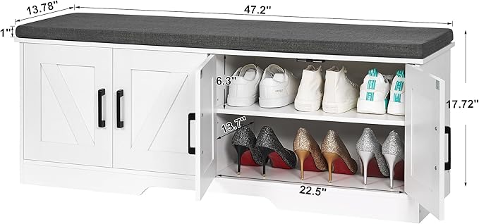 2-Tier Storage Bench, Shoe Bench with Padded Seat Cushion, Entryway Bench with 4 Barn Doors, Adjustable Shelf, 13.8" D x 47.2" W x 17.7" H, for Entryway, Living Room, Bedroom, White-PurrikoPets