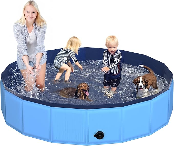 87" x 12" Foldable Dog Pool - Collapsible Hard Plastic Kiddie Pool for Dogs & Kids, Non-Slip Pet Bath Tub for Outdoor Backyard Use, Lightweight & Portable (Blue)-PurrikoPets