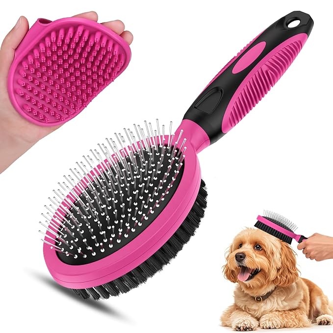 2PCS Pet Grooming Tools - Double-Sided Brush for Shedding and Bathing, Suitable for Short/Long Haired Dogs Cats and Horses, Deshedding Dog Brush, Mane & Tail Combs for Horses - Pet Supplies (Pink)-PurrikoPets
