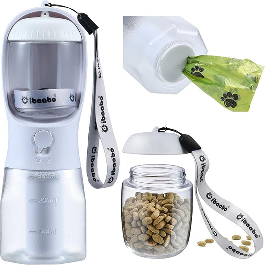 Dog Water Bottle with Food Container & Poop Bag Holder, Travel Water Bowl, Portable Pet Dispenser, Dog Stuff Accessories Items, Puppy Essentials Necessities for Yorkie Chihuahua Walking Hiking-PurrikoPets