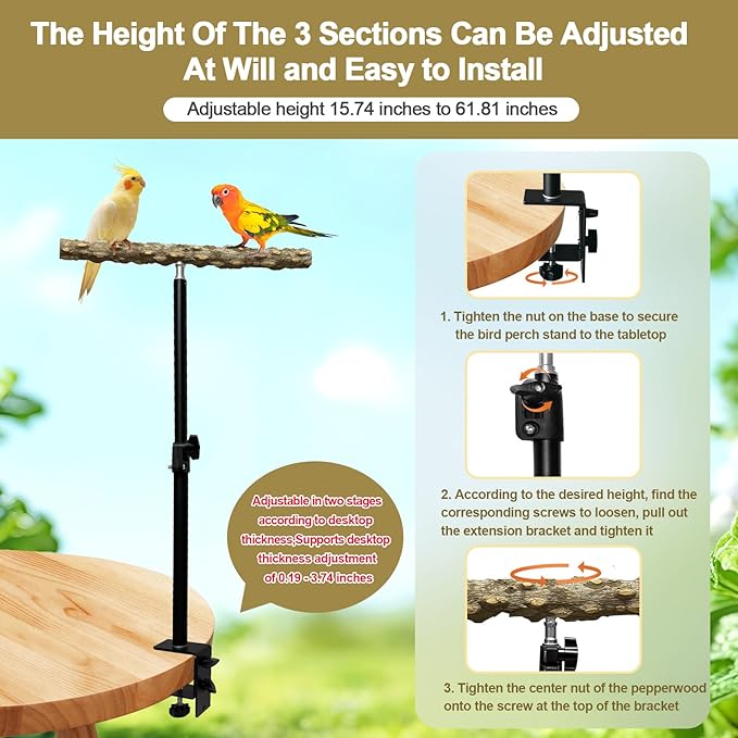 13-23 Inch Height Adjustable Desktop Bird Perch Pepper Wood Bird Training Perch Stand Parakeet Perches Indoor and Outdoor Parrot Stands for Small to Medium Bird-PurrikoPets