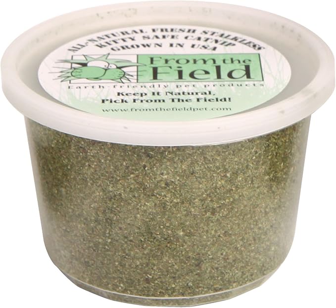from The Field | Fine Ground Stalkless Catnip | Premium USA-Grown Catnip for Toys & Playtime | Fresh, Potent, Non-Toxic, Eco-Friendly | Safe for Kittens & Cats | Resealable 3.5 oz Tub-PurrikoPets