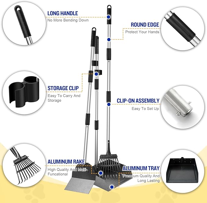 Dog Pooper Scooper for Large Dogs, 3 Pack Adjustable Long Handle Metal Tray, Rake and Spade Poop Scoop with Bin for Pet Waste Removal, No Bending Clean Up for Medium and Large Dogs-PurrikoPets