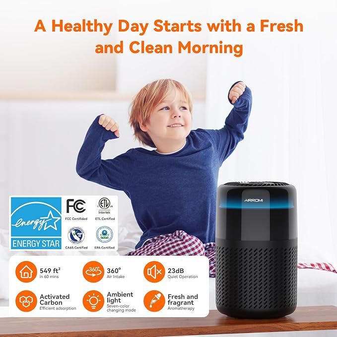 AIRROMI Air Purifier for Bedroom Home,HEPA Filter,Covers Upto 549 Ft²,Quiet 360°intake Air Cleaner with Fragrance ponge for Better Sleep,Night Light,Filters Smoke,Pet Dander,Allergies,Dust,A2005 Black-PurrikoPets