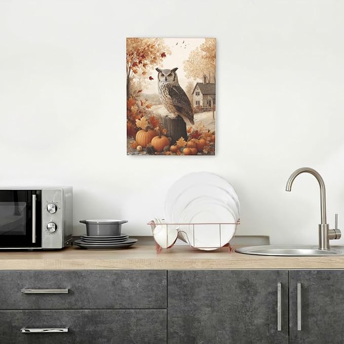 Fall Owl Wall Art Autumn Pumpkin Leaves Wall Decor Rustic Canvas Print Farmhouse Pictures Painting Print Framed Artwork Decorations Gifts for Living Room Bathroom Bedroom Office 12"x16"-PurrikoPets