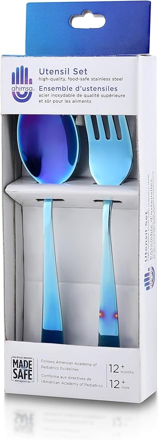 Ahimsa Stainless Steel Kids Utensils - Kids Fork and Spoon Set, Pediatrician Designed Toddler Utensils, 100% BPA Free & Dishwasher Safe (Iridescent Blue)-PurrikoPets