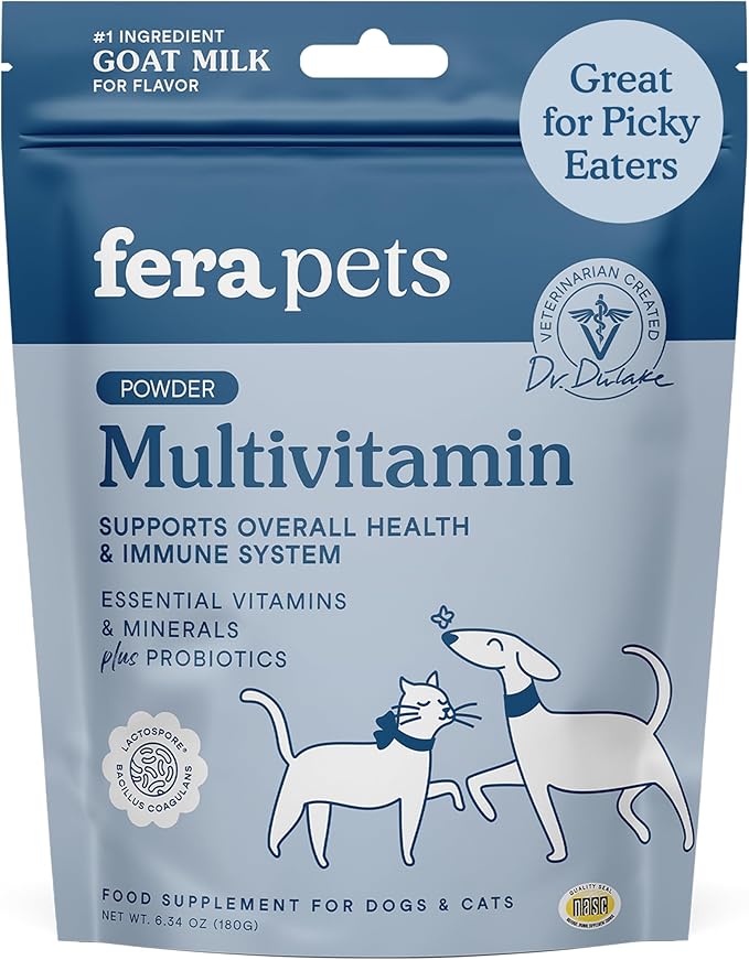 Fera Pets Goat Milk Topper - Multivitamin for Dogs & Cats with Probiotics - Supports Overall Health, Gut Health, and Immune System - for Picky Eaters - 60 TSP-PurrikoPets