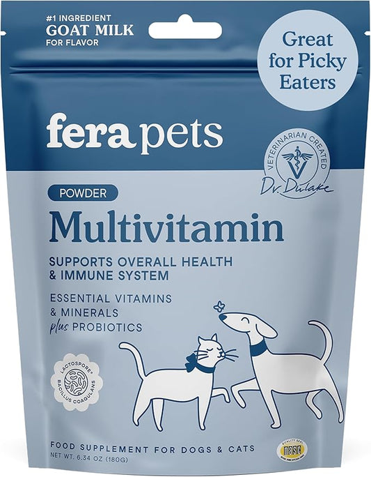 Fera Pets Goat Milk Topper - Multivitamin for Dogs & Cats with Probiotics - Supports Overall Health, Gut Health, and Immune System - for Picky Eaters - 60 TSP-PurrikoPets
